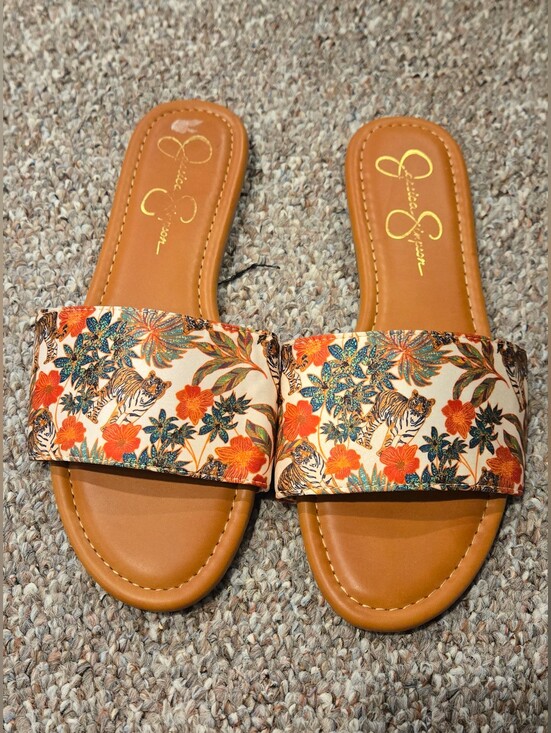Jessica Simpson Shoes - Jessica Simpson Tan Slide Sandals with Orange Floral & Green Leaf Print